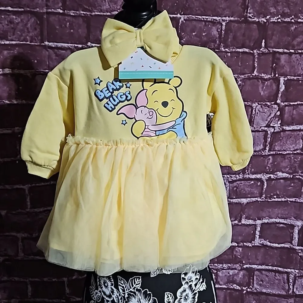 Disney Winnie the Pooh 3 pc set Yellow Dress, Hair Bow & Diaper Cover NWT